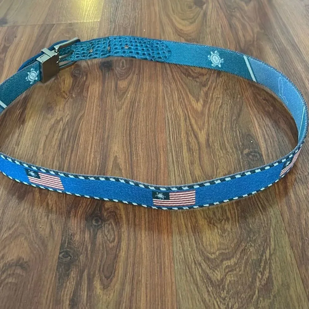 Doc Murphy reversible belt American flag turtle Florida denim blue size 35-39